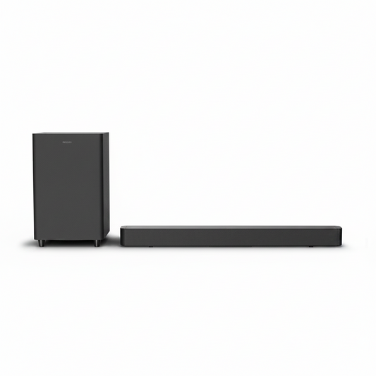 Soundbar and subwoofer on a white background