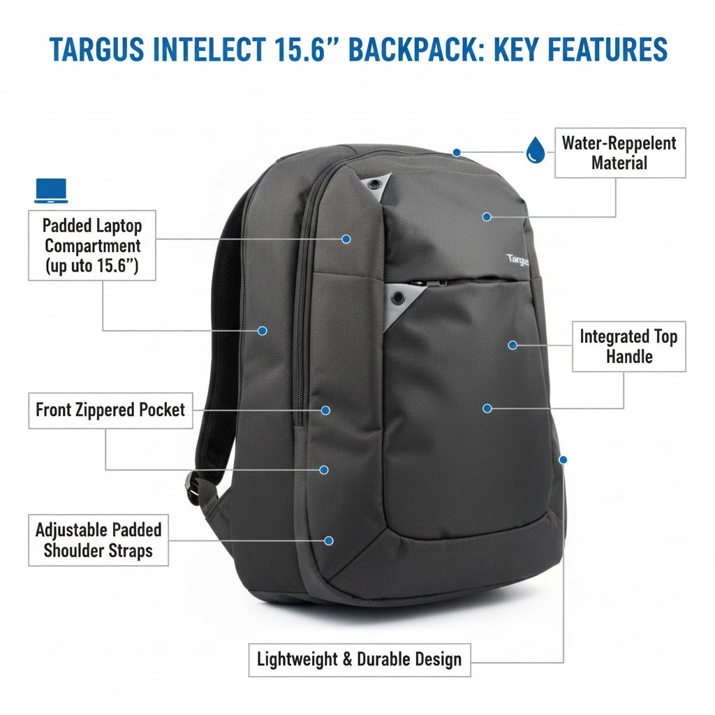 Targus Intellect 15.6 Inch Laptop Backpack Black Grey Water Repellent Business Bag Pack