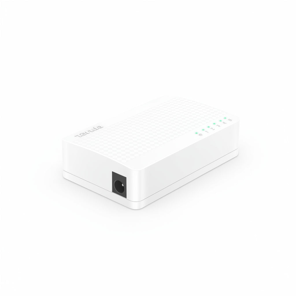 White desktop switch next to a computer.

