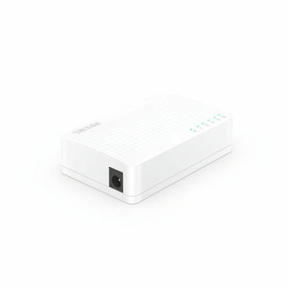 White desktop switch next to a computer.

