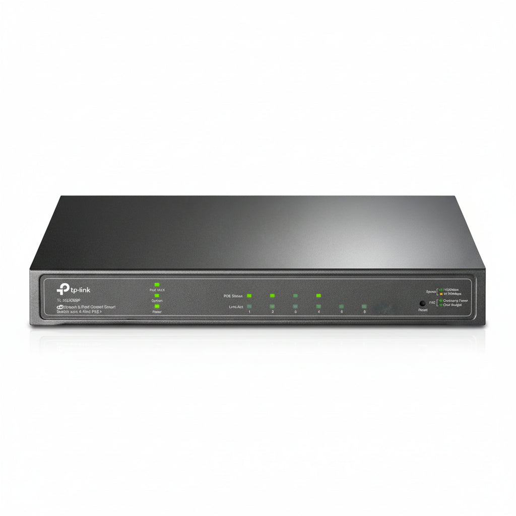 Front view of the TP-Link TL-SG2008P 8-port smart switch showing all ports.

