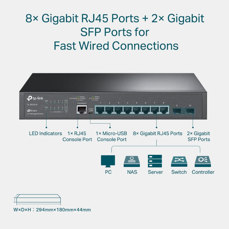 Network switch with 8 Gigabit RJ45 ports and 2 Gigabit SFP ports on a light gray background