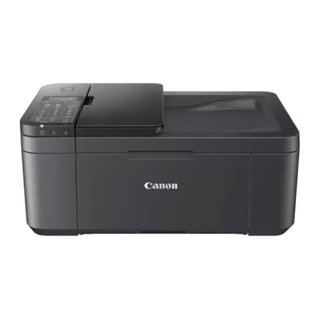 Canon wireless multifunction printer in matte black with a white Canon logo on the front, shown from a three-quarter angle on a white background.