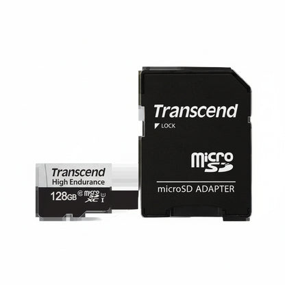 Transcend microSD card and adapter on a white background