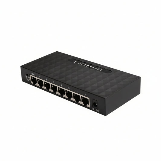 Front view of the compact M-Link 8-port desktop switch.

