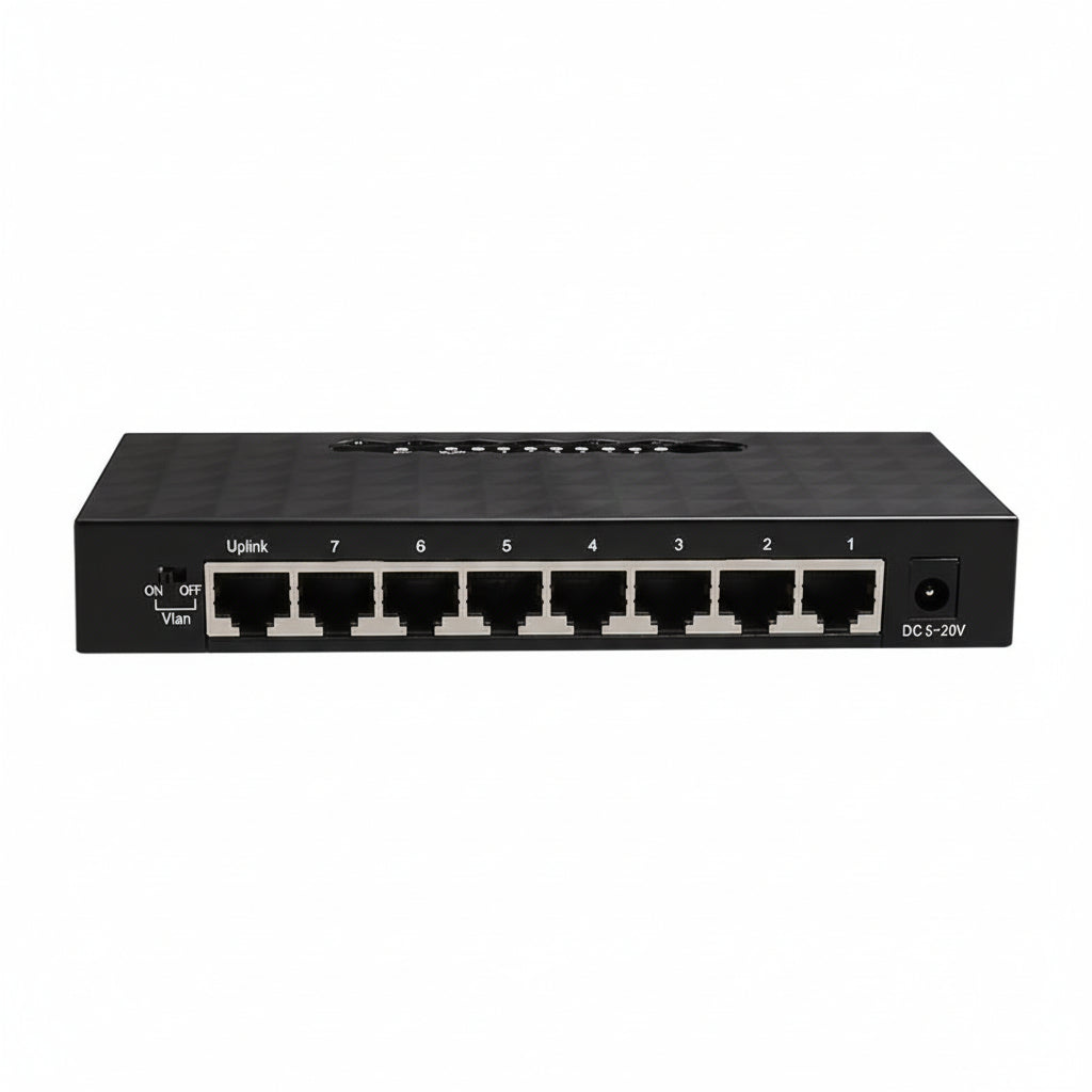 The switch with all eight Ethernet ports connected to various devices.

