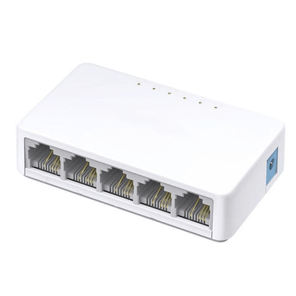 The switch connected to a desktop PC, printer, and network storage.

