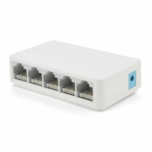 Front view of the compact, black M-Link TXE070 5-port switch.

