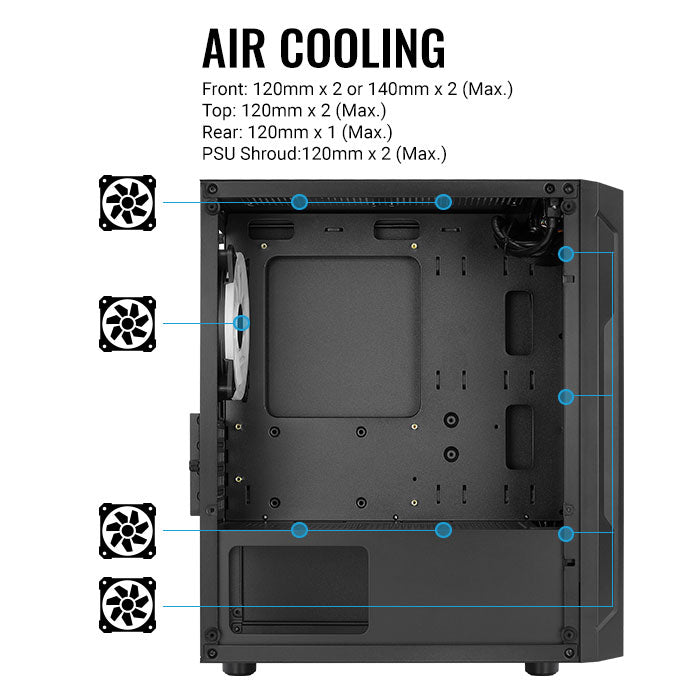 Aerocool Trinity Mini Black Micro-ATX Case w/ RGB Fans - 240mm Radiator Support, Tempered Glass for optimal airflow.
