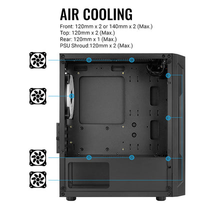 Aerocool Trinity Mini Black Micro-ATX Case w/ RGB Fans - 240mm Radiator Support, Tempered Glass for optimal airflow.
