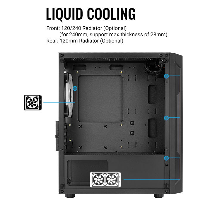 Aerocool Trinity Mini Black Micro-ATX Case w/ RGB Fans - 240mm Radiator Support, features a spacious interior for cooling.