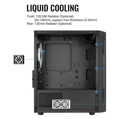 Aerocool Trinity Mini Black Micro-ATX Case w/ RGB Fans - 240mm Radiator Support, features a spacious interior for cooling.