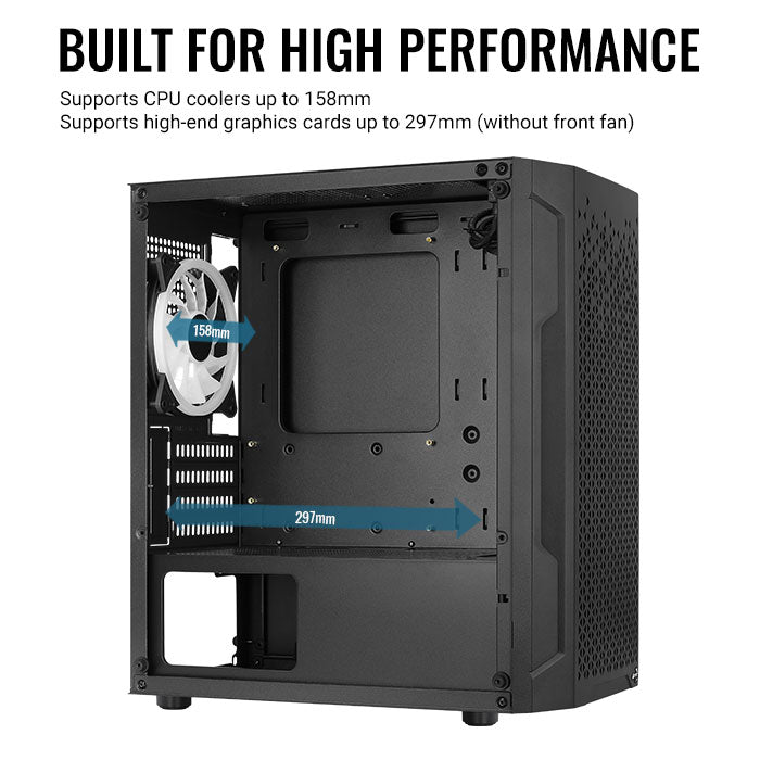 Aerocool Trinity Mini Black Micro-ATX Case w/ RGB Fans - 240mm Radiator Support, with excellent airflow and design.
