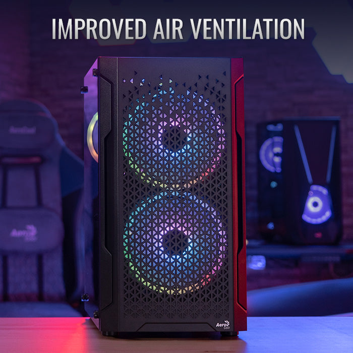 Aerocool Trinity Mini Black Micro-ATX Case w/ RGB Fans - 240mm Radiator Support, Tempered Glass for enhanced airflow.