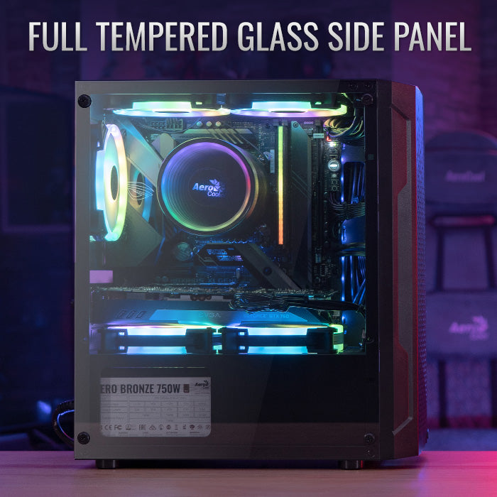 Aerocool Trinity Mini Black Micro-ATX Case w/ RGB Fans - 240mm Radiator Support, Tempered Glass Side Panel showcased inside.
