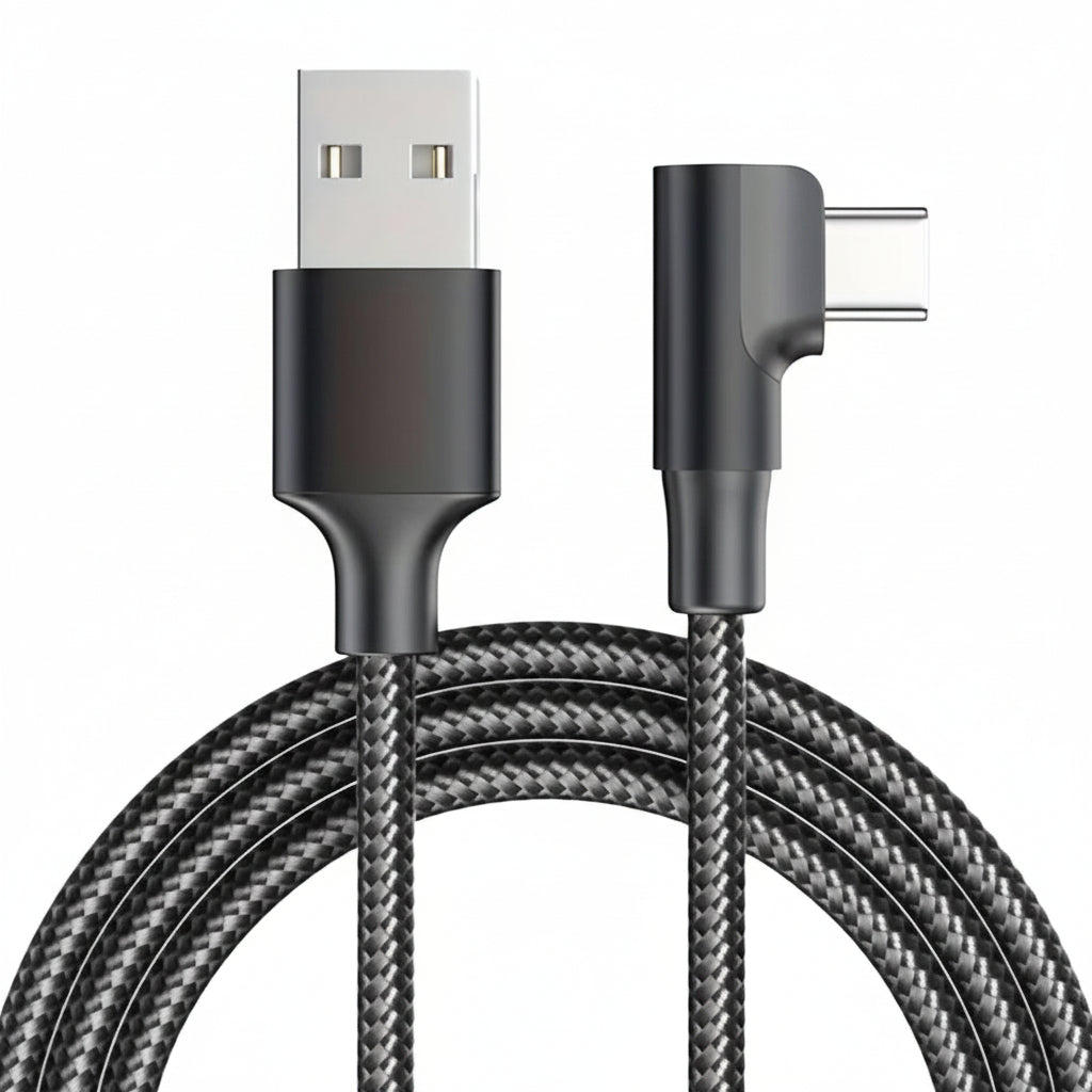Full length of the 2-meter black M-Link USB to Micro USB cable laid out straight.

