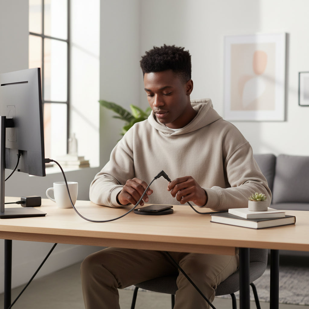 Close-up of the cable's 90-degree angled Micro USB connector.

