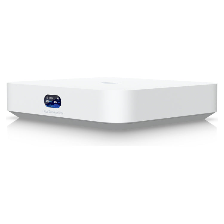 Ubiquiti UniFi Cloud Gateway Ultra UCG-ULTRA-EU angled front view with status display