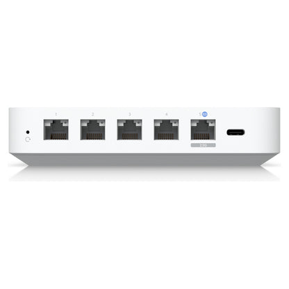 Ubiquiti UniFi Cloud Gateway Ultra UCG-ULTRA-EU rear view with five Ethernet ports and USB-C power