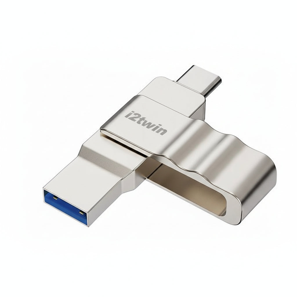 Biwin UD150 128GB dual USB-C and USB-A flash drive on a neutral background.

