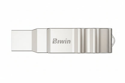 Close-up of the Biwin UD150 128GB flash drive showing the USB-C and USB-A connectors.


