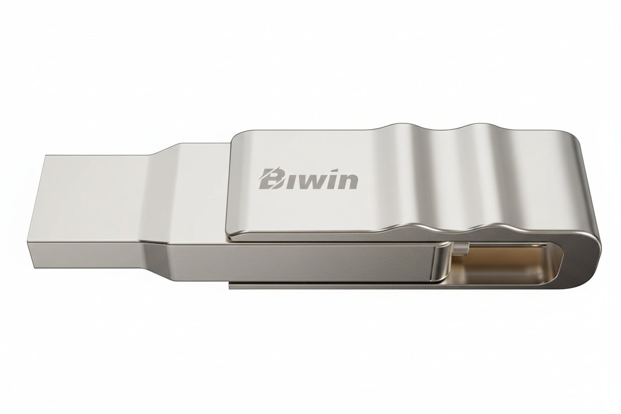 Biwin UD150 128GB flash drive with its 360-degree rotating zinc alloy casing.

