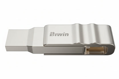 Biwin UD150 128GB flash drive with its 360-degree rotating zinc alloy casing.

