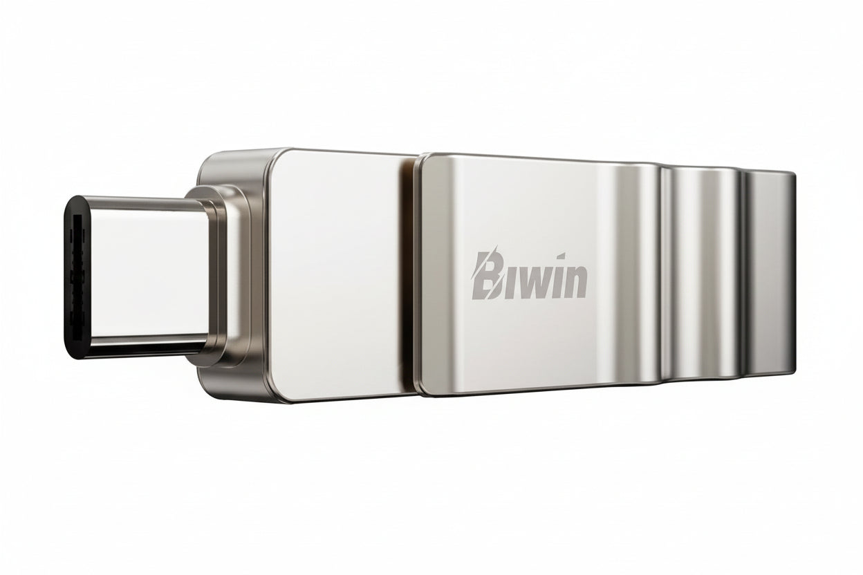 Biwin UD150 128GB flash drive connected to a laptop's USB-A port.

