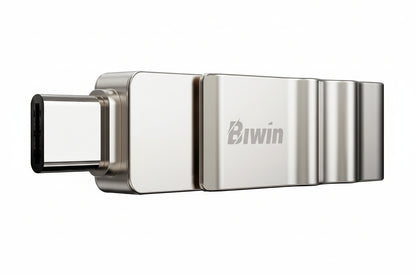 Biwin UD150 128GB flash drive connected to a laptop's USB-A port.

