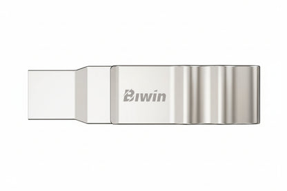Close-up of the Biwin UD150 256GB flash drive showing the USB-C and USB-A connectors.

