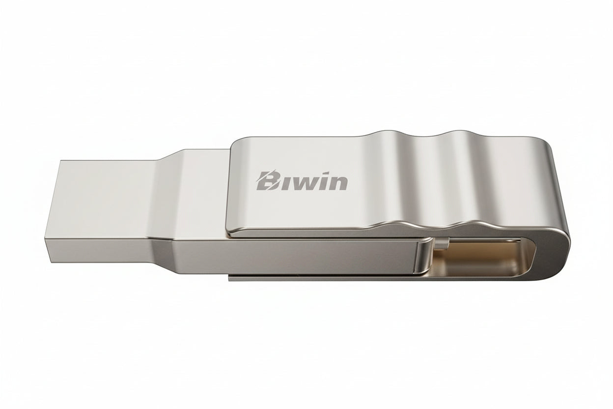 Biwin UD150 256GB flash drive with its 360-degree rotating zinc alloy casing.

