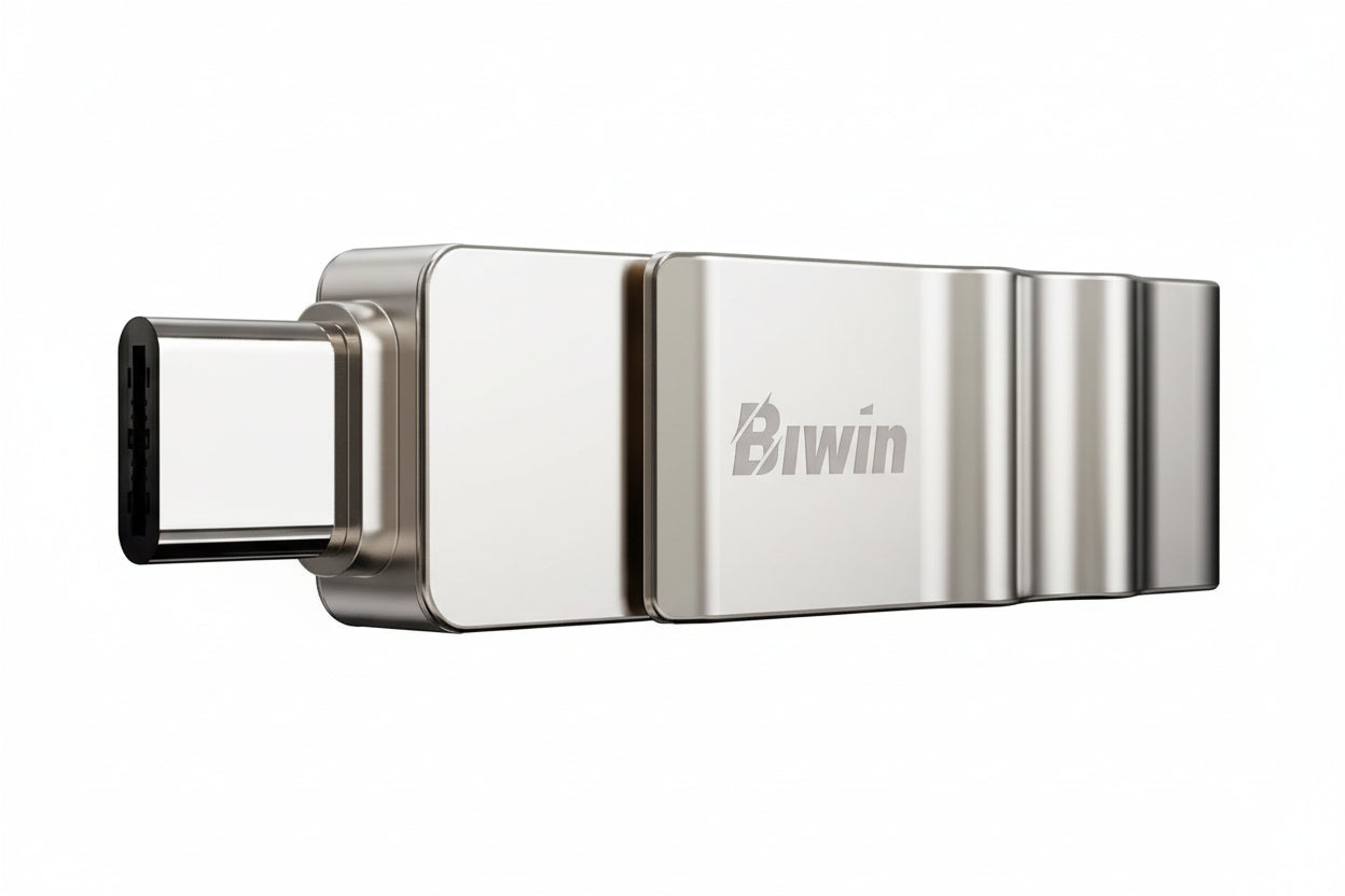 Biwin UD150 256GB flash drive connected to a laptop's USB-A port.

