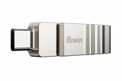 Biwin UD150 256GB flash drive connected to a laptop's USB-A port.

