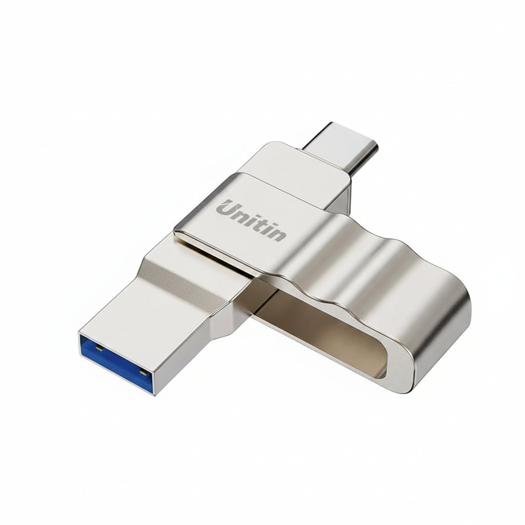 Biwin UD150 32GB flash drive with both USB-A and USB-C connectors extended.

