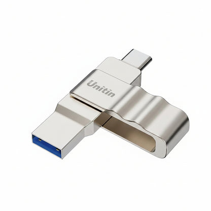 Biwin UD150 32GB flash drive with both USB-A and USB-C connectors extended.

