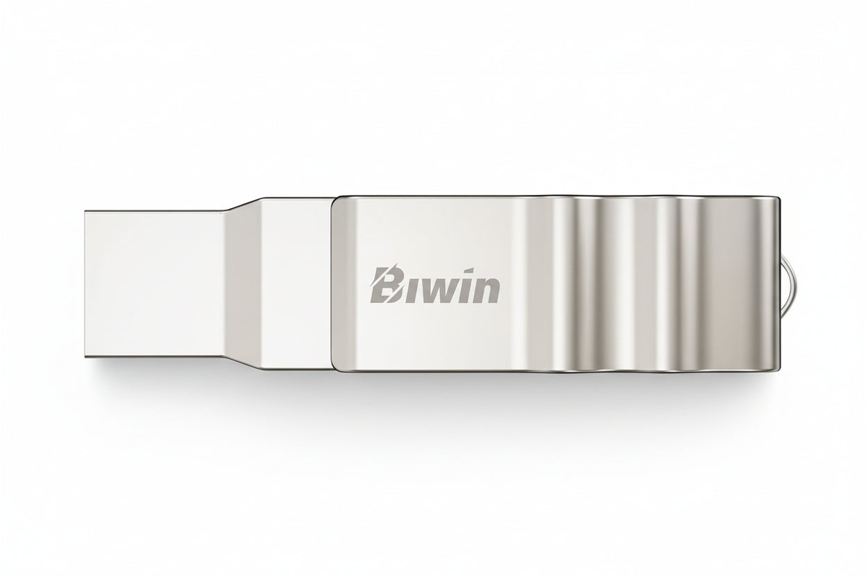 Close-up of the Biwin UD150 dual USB drive showing the 360-degree swivel design.

