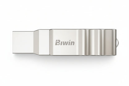 Close-up of the Biwin UD150 dual USB drive showing the 360-degree swivel design.

