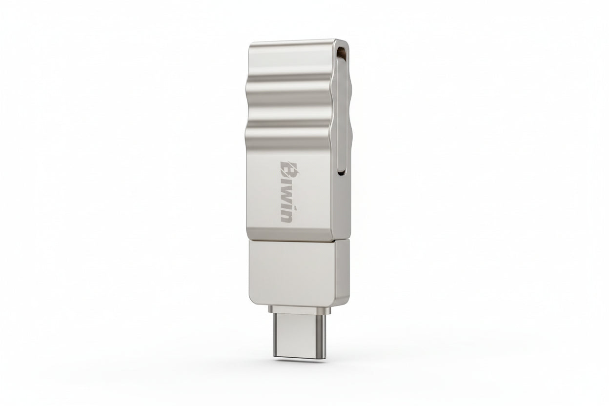 Biwin UD150 flash drive connected to a smartphone's USB-C port for data transfer.

