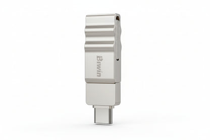 Biwin UD150 flash drive connected to a smartphone's USB-C port for data transfer.

