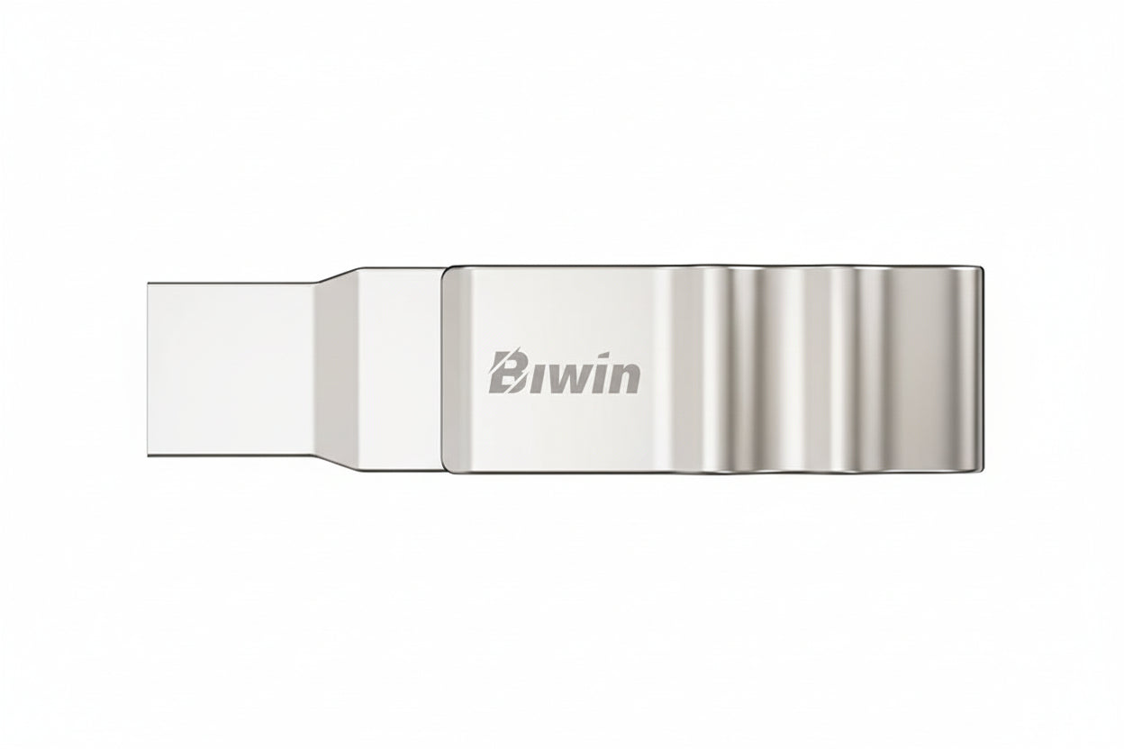 Close-up of the Biwin UD150 64GB dual USB drive in a rotating zinc alloy body.

