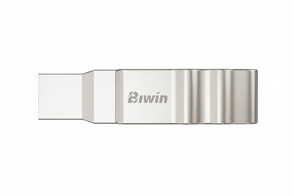 Close-up of the Biwin UD150 64GB dual USB drive in a rotating zinc alloy body.

