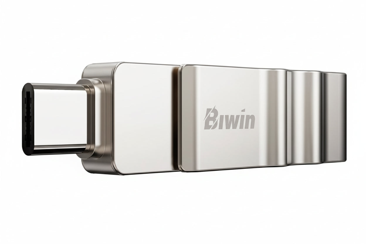 Biwin UD150 64GB flash drive attached to a smartphone via the USB-C connector.

