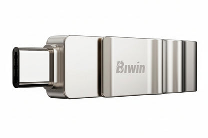 Biwin UD150 64GB flash drive attached to a smartphone via the USB-C connector.

