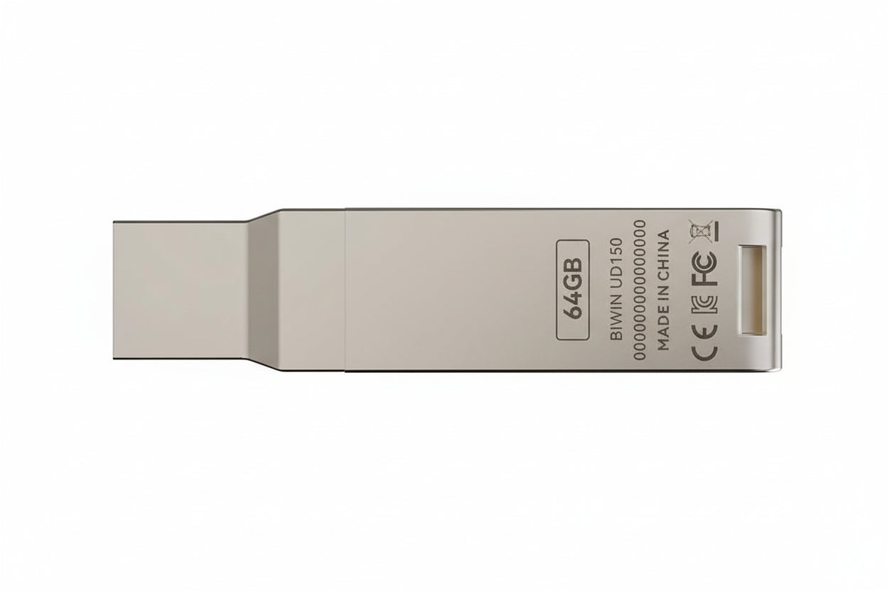 Biwin UD150 64GB USB drive with a metal casing on a clean surface.

