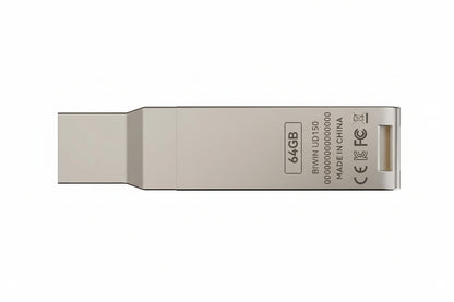 Biwin UD150 64GB USB drive with a metal casing on a clean surface.

