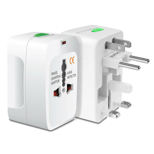 Front view of the compact M-link UNIA travel adapter in white.

