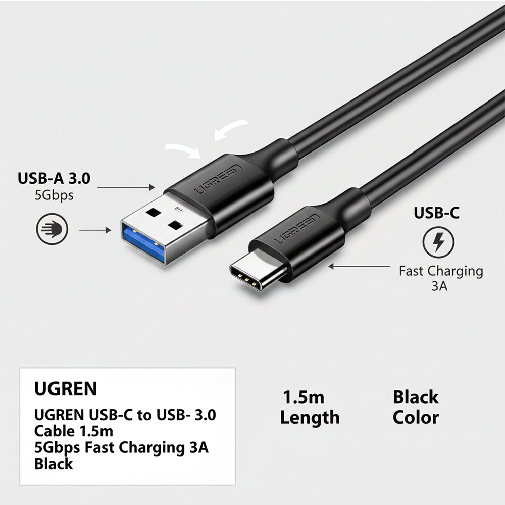 UGREEN USB-C to USB-A 3.0 Cable 1.5m 5Gbps Fast Charging 3A Black