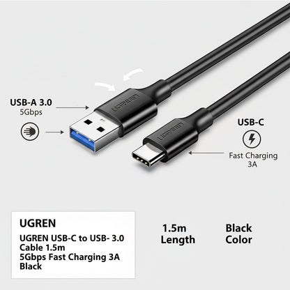 UGREEN USB-C to USB-A 3.0 Cable 1.5m 5Gbps Fast Charging 3A Black