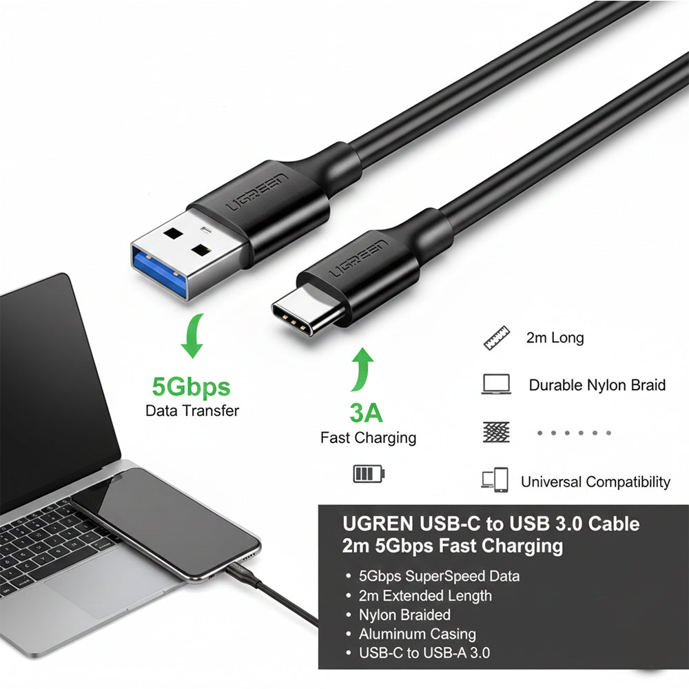 UGREEN USB-C to USB 3.0 Cable 2m 5Gbps Fast Charging 3A Durable Black