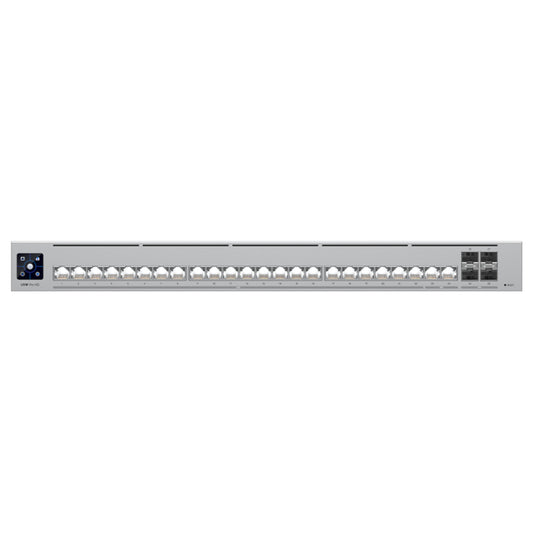 Network switch with multiple ports on a white background